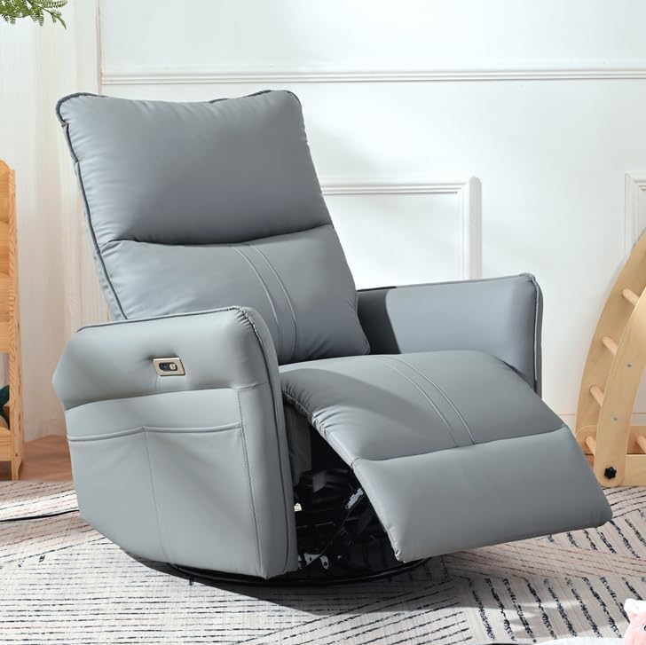 Power Swivel Rocker Recliner Chair with USB Charging Port | PU leather, 270° swivel, power recline, rocking motion, USB & Type-C ports, side pockets, 330 lb capacity, living room