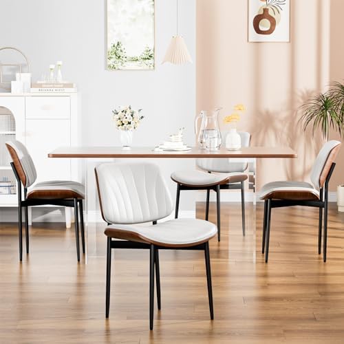 YaFiti Dining Chairs Set of 2, Mid Century Modern PU Leather Kitchen Chairs | Ergonomic Walnut Backrest, Upholstered Waterproof Faux Leather Seat, Stable Metal Legs, Adjustable Footpads, White Scallop