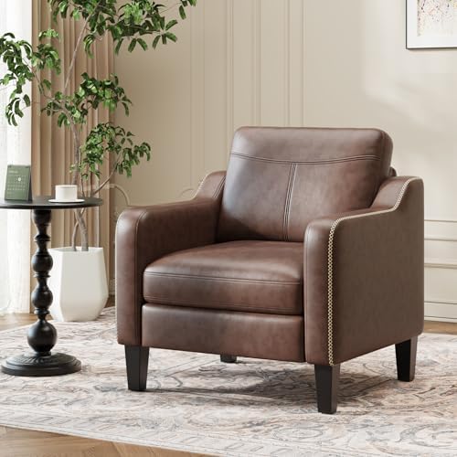 MALOL PU Leather Accent Chair Set of 2, Mid-Century Modern Living Room Armchair Sofa with Removable Cushions & Stitched Armrest Design, Bedroom Chair with Plastic Legs, Chocolate Brown