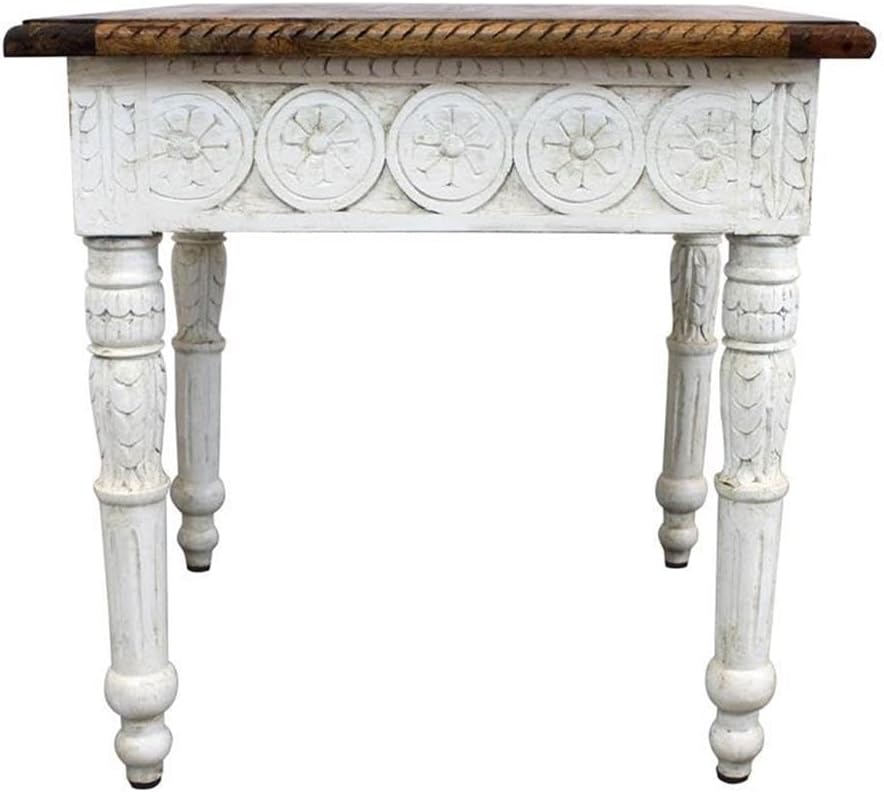 Pemberly Row Solid Wood Hand Carved End Table, 24 in x 24 in x 24 in, Brown Top, Ivory Base, Floral Carving Design, Traditional Transitional Style Accent Table for Living Room or Bedroom
