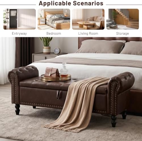 Furniliving 51” End of Bed Storage Bench, Bedroom Bench with Button-Tufted, Upholstered Storage Ottoman Benches Window Bench with Storage, Leather Bench for Living Room, Entryway, PU, BlackBrown
