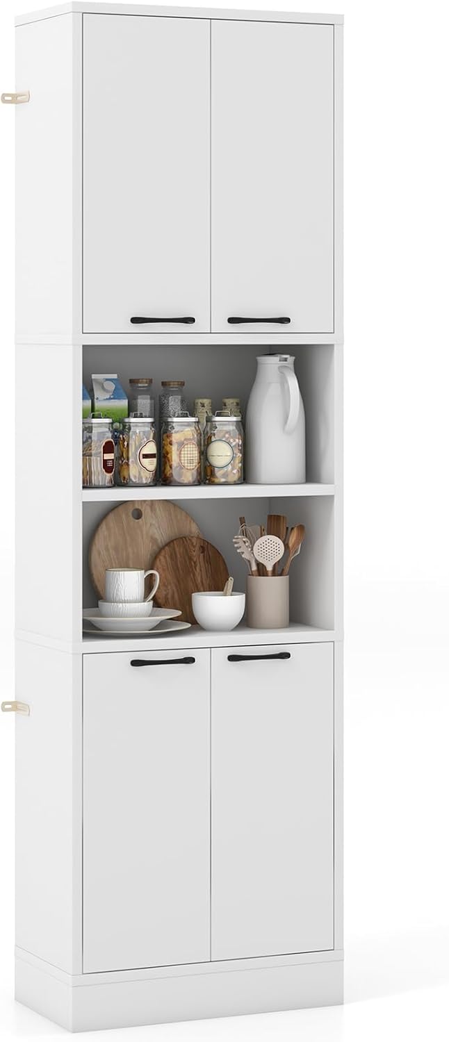 Giantex Kitchen Pantry Cabinet, 75” Tall Freestanding Cupboard with Doors & Shelves, Safety Hinges & Anti-Tipping Devices, Storage Sideboard for Dining Room, Living Room (White)