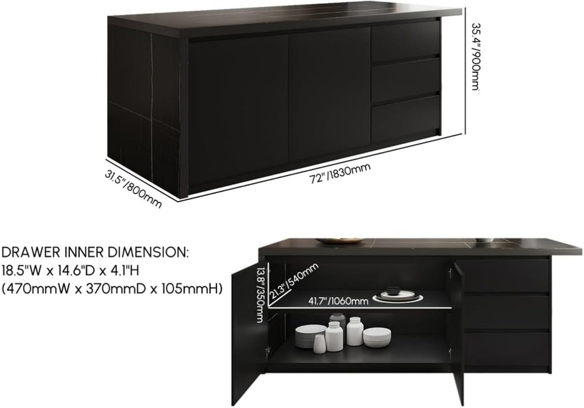 homary Kitchen Island with Storage & Wine Rack, 72" Modern Black Kitchen Cabinet with Wood Top, Large Fixed Island with 3 Drawers & 6 Adjustable Shelves, Without Bar Stools