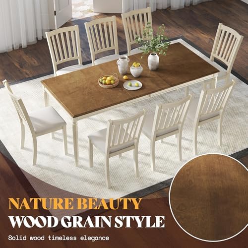 AMERLIFE 9 Piece Farmhouse Dining Table Set with 79" Table, Cream | Solid Rubberwood Frame, 8 Chairs Included, Farmhouse Design, Upholstered Seating, Rustic Cream Finish