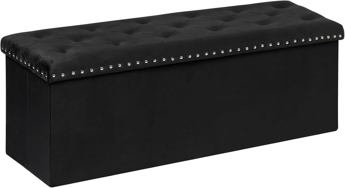 PINPLUS Folding Storage Ottoman Bench, Black Velvet | Large Storage Chest with Padded Seat, Footrest Stool and End of Bed Bench for Bedroom, Living Room and Entryway