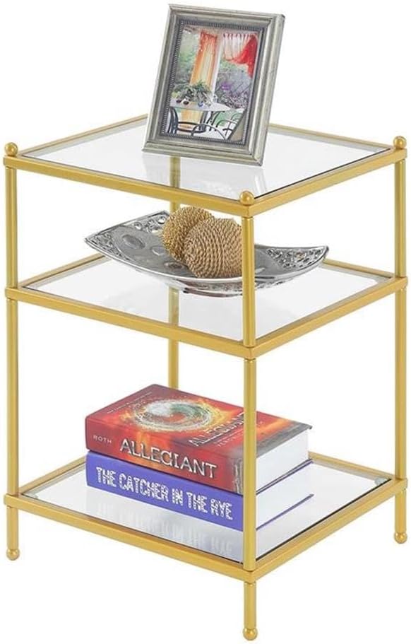 Pemberly Row Contemporary Gold Metal End Table, 16.25" W x 16.25" L x 24.5" H, Clear Glass Shelves, 3-Tier Sturdy Frame, Modern Accent Table for Living Room Decor and Storage