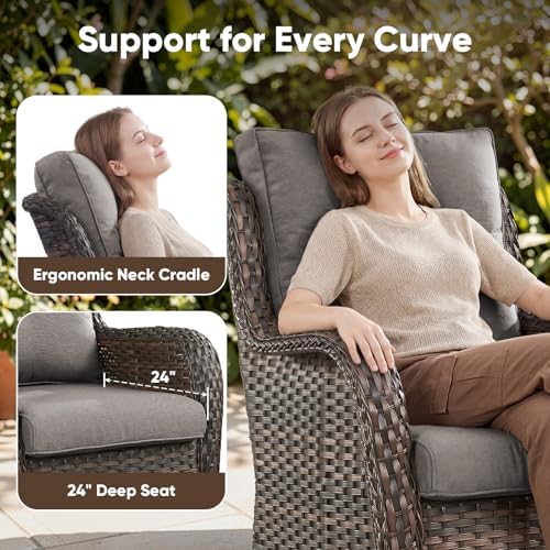 Belord Patio Furniture Set with Fire Pit Table,8 Piece Wicker Outdoor Furniture Set, Swivel Rocker Chairs with Ottomans and Sectional Couch, All Weather Patio Conversation Set,Brown Wicker/Gray