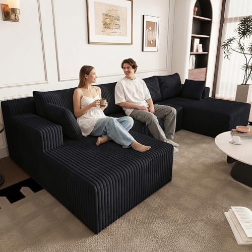 124" U-Shape Cloud Couch, Modern Modular Sectional U-Shape Sofa, Corduroy Couch Upholstered Couches Deep Seat Sleeper Chaise Longue for Living Room, No Assembly Required, Black