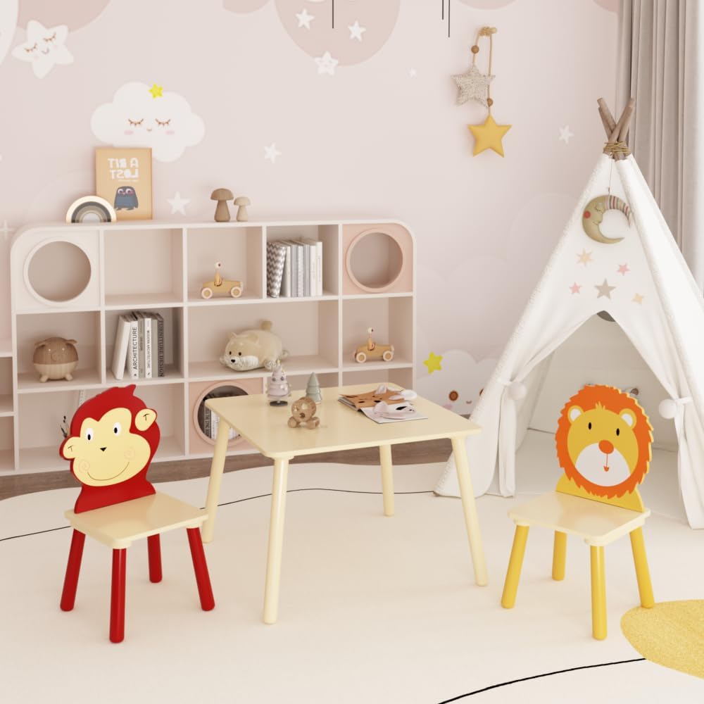 Kids Table and 2 Chairs Set, 3 Pieces Toddler Table and Chair Set, Wooden Activity Play Table Set (Lion&Monkey) (Yellow + Red)