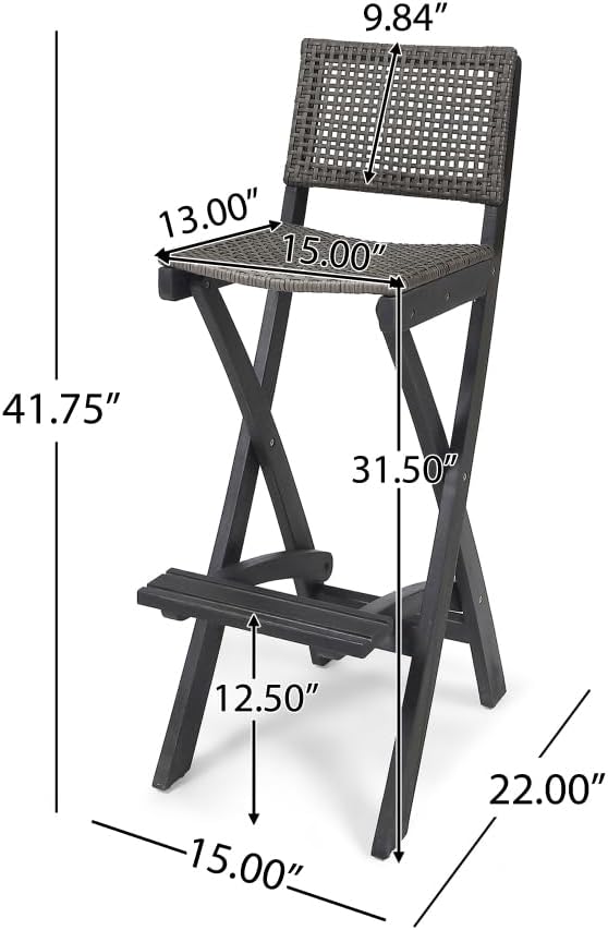 Saiveina 41.75" Outdoor Folding Acacia Wood Barstools with PE Rattan Backrest and Seat, Dark Grey Finish (Set of 2)