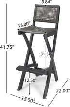 Saiveina 41.75" Outdoor Folding Acacia Wood Barstools with PE Rattan Backrest and Seat, Dark Grey Finish (Set of 2)