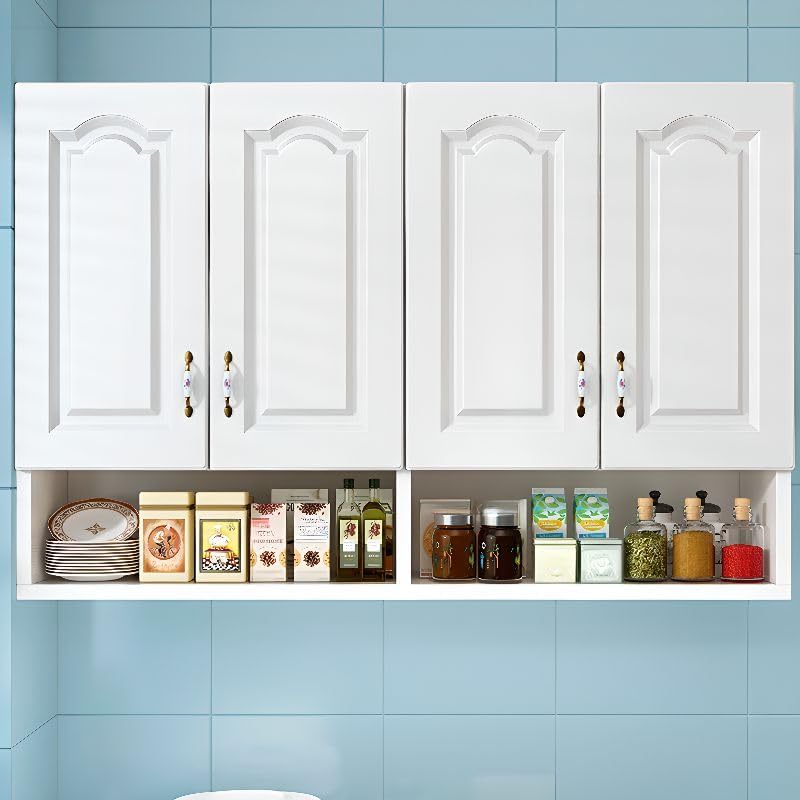 Wall Mounted Kitchen Pantry Storage Cabinet, White Narrow Sideboard Hanging Cabinet Organizer for Bottle, Dish, Bowl, Dining Room, Kitchen, Bathroom (47" L x 12" W x 31.5" H)