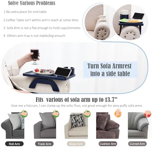 Nnewvante Couch Armrest Tray 3 in 1 Bamboo Clip-on Couch Table, Navy Blue, | Large 15.36"x9.85" Sofa Arm Table,Easy-Access 360°Rotating Cup and Phone Holder and Non-Slip Base