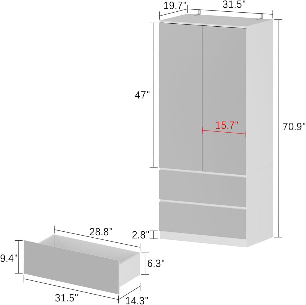 FUFU&GAGA Wardrobe with Mirror Door & Drawers, White Mirror Wardrobe Closet