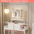 HIGDBFE Vanity Desk with Mirror and Lights 28.4''W Small Makeup Vanity | Vanity Table with Height-Adjustable Stand, 2 Fabric Drawers Compact Makeup Desk, Gift for Girls, Bedroom Small Space, White
