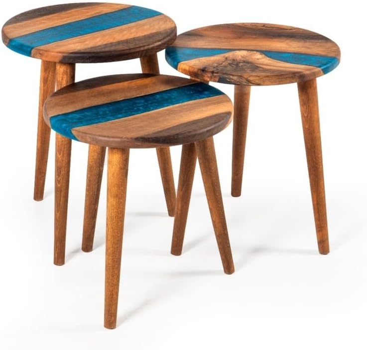 3-Piece Round Nesting Side Table Set 15.7 in | Blue Walnut Wood & Epoxy | Modern Scandinavian Style | Handmade | Durable & Easy Easy to Wipe | GOKCESANWOOD - Blue