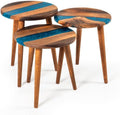 3-Piece Round Nesting Side Table Set 15.7 in | Blue Walnut Wood & Epoxy | Modern Scandinavian Style | Handmade | Durable & Easy Easy to Wipe | GOKCESANWOOD - Blue