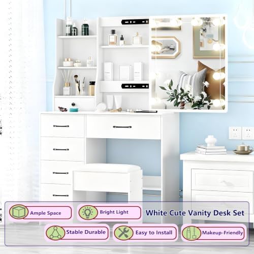 Vanity Desk with Mirror and Lights, 6 Drawers 6 Shelves 1 Stool & Sildeable Mirror Makeup Vanity, 3 Modes Light Adjustable, White, 51" H
