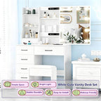 Vanity Desk with Mirror and Lights, 6 Drawers 6 Shelves 1 Stool & Sildeable Mirror Makeup Vanity, 3 Modes Light Adjustable, White, 51" H
