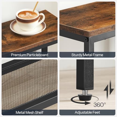 HOOBRO Narrow Console Table, Sofa Table, 4-Tier Industrial Entryway Table with Metal Mesh Shelf, Hallway Table with Adjustable Feet, for Entryway, Living Room, Hallway, Rustic Brown and Black BF79XG01