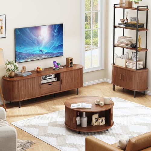 ONBRILL 69" TV Stand with Power Outlet for TVs up to 80", Walnut | Entertainment Center with Storage and Drawer TV Console w/ Adjustable Shelves & Sliding Door TV Stand for Living Room Bedroom