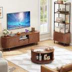 ONBRILL 69" TV Stand with Power Outlet for TVs up to 80", Walnut | Entertainment Center with Storage and Drawer TV Console w/ Adjustable Shelves & Sliding Door TV Stand for Living Room Bedroom