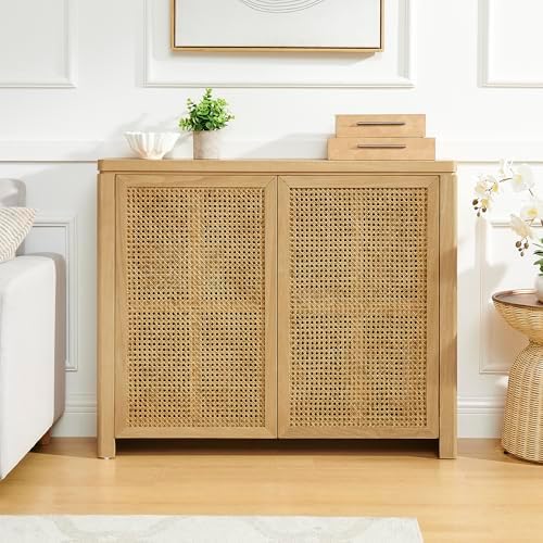 LKTART Small Sideboard Buffet Cabinet,Thin Kitchen Storage Cabinet with 2 Rattan Doors,Boho Wooden Console Table for Living Room,Entryway(39.4" Natural)