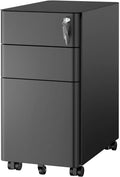 Mount-It! Slim 3 Drawer Rolling File Cabinet with Lock, Mobile Metal Filing Cabinet on Wheels for Under Desk Home & Office Storage, Letter Legal A4, Black