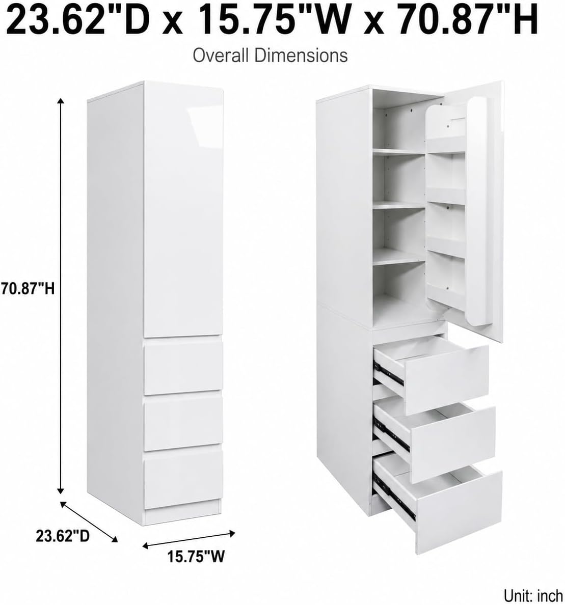 Kitchen Pantry Cabinet, 70.9" Tall Pantry Storage Cabinet with Doors, 3 Drawers, Shelves and Right-Side Door Racks, Freestanding Kitchen Storage Cabinet for Kitchen and Home, White
