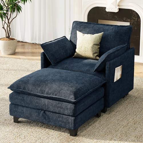 Accent Sofa Chair with Storage Ottoman, Cloud Sigle Couch with Side Pocket for Living Room, Bedroom and Apartment, Navy Blue