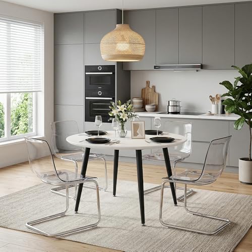 Round to Oval Extendable Dining Table for 4-8, 43" -75" Expandable Kitchen Table with Dual Extension Leaves, White Tabletop & Black Metal Legs, Space-Saving Modern Dining RoomTable, Easy Assembly