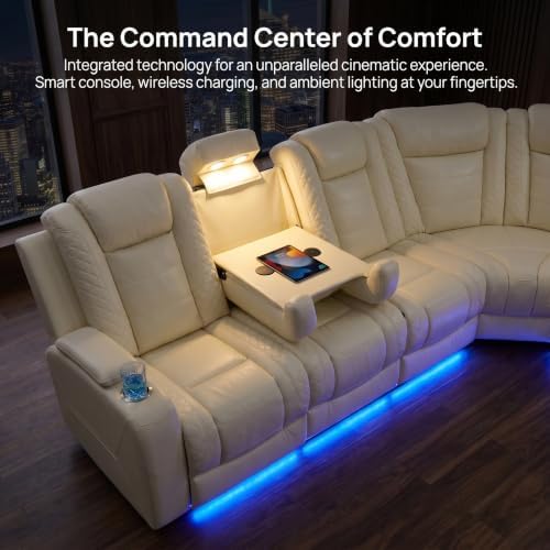 A Ainehome Leather Power Furniture Reclining Sectional Couch, Living Room Power Recliner Adjustable Sofa, Loveseat and Chair with Storage Console for Living Room/Office(Off-White)