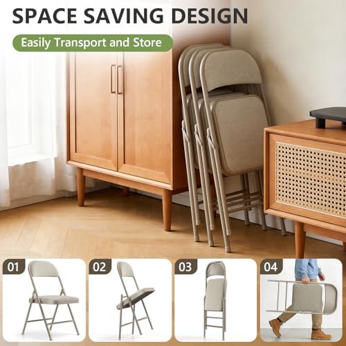 4 Pack Folding Chairs, Fabric Padded Folding Dining Chairs with Cushion Seat & Back, Indoor Outdoor Folding Chair Set for Home Office, Parties, Events, Wedding, Extra Guest Seating