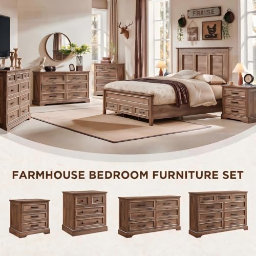 ACCOHOHO Farmhouse King Size Bed Frame with 53" Tall Headboard, Light Brown