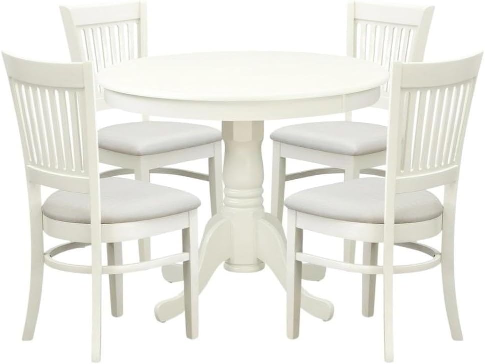 Furnifact White Solid Wood 5 Pc Dining Room Set, Breakfast Nook Table with Slatted Chairs, Kitchen Table and Chairs for 4, Compact Seating Option