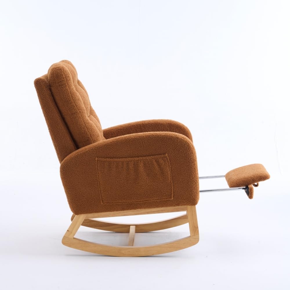 Accent Rocking Chair with Footrest High Back Rubber Wood Rocking Legs Bedroom Living Space (Caramel + Teddy + Foam)