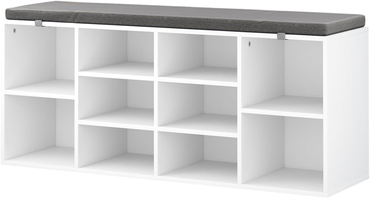 NUNU LAB Shoe Storage Bench, Shoe Bench with Removable Cushion 10 Cubbies, Space Saving Shoe Rack, 41 x 12 x 16.75 Inches, White