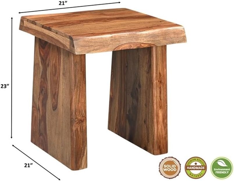 Pemberly Row Solid Wood 3-Piece Table Set, Live Edge Sheesham Hardwood, Brown Finish, Includes Coffee Table, Console Table, and Square End Table, Modern Double Pedestal Base, Rustic Living Room