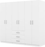 Merax Large White 6 Doors Wooden Wardrobe, Bedroom Tall Armoire Closet Organizer with Big Drawers, Hanging Rails and Shelves, Clothes Storage Cabinet for Garage & Laundry Room, White