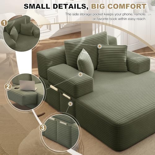 60.2" Oversized Chaise Lounge Chair, Corduroy Cloud Couch, Deep Seat Convertible Sofa Bed with 3 Pillows, Wide Armrests, Side Pocket, No Assembly (Green)
