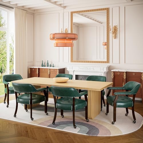 Set of 6 Dining Leather ArmChairs with Casters,Green PU, 360° Move | Accent Kitchen Chairs with Wheels, Captain's Rolling Poker Table Chair Set, Button Tufted Cushion, Open Back, for Home Office