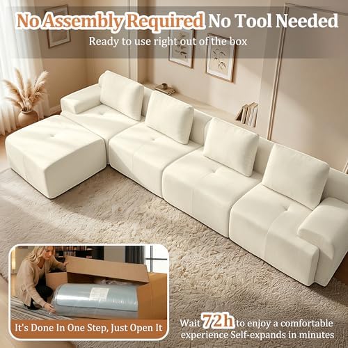 159" L Shaped Oversized Couch, Comfort Cloud Sectional Couches for Living Room, Modular Sofa High Back & Extra Deep Seat, No Assembly, Chenille (Warm White, 159 inch-L Shaped（4+1）)