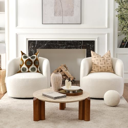 KINWELL 34" W Sherpa Swivel Barrel Chairs with Pillow Set of 2, Cream