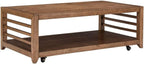 Pemberly Row 3-Piece Living Room Table Set, Harvest Brown Wood Finish, Poplar and Maple Veneers, Includes Cocktail Table with Casters and 2 End Tables, Shaker Style, Storage Shelves for Living Room