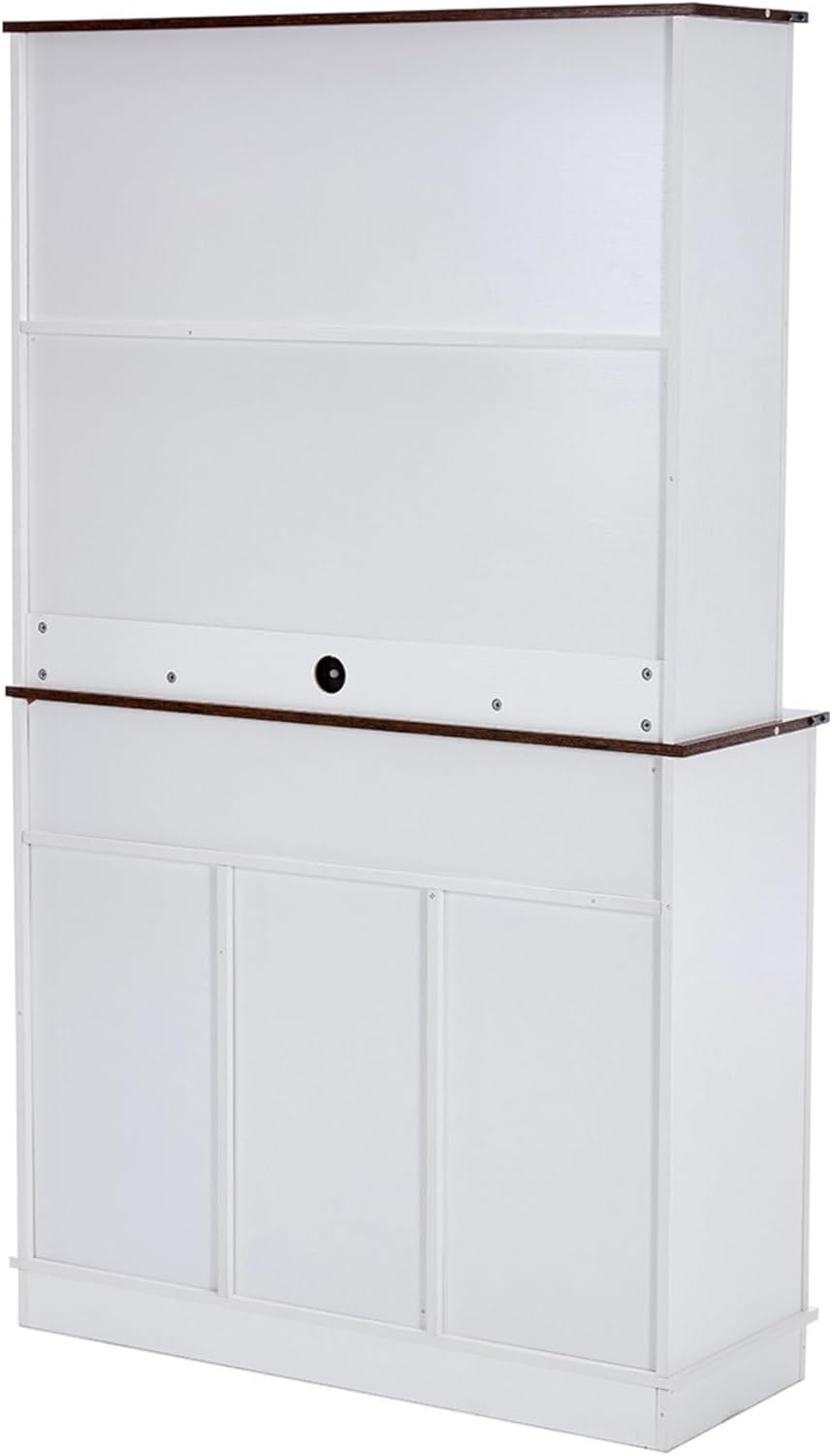 Coffee Bar Cabinet with Sliding Barn Doors 71'' Farmhouse Pantry Cabinet with Drawers & Wine Glass Rack Rustic Buffet Cabinet for Kitchen, White and Brown