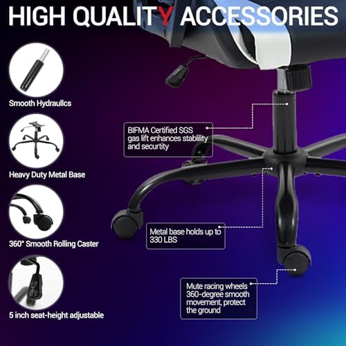 Gaming Chair PU Leather Massage PC Video Game Chair with Lumbar Support for Men Women, Home Office, Height Adjustable, Ergonomic, High Back, White