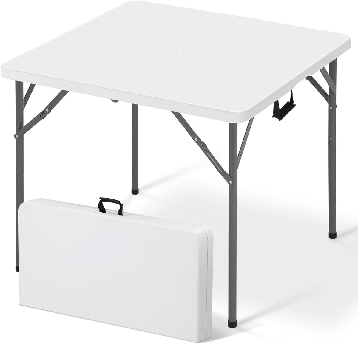 34" Square Folding Table, Portable Plastic Table No Assembly Needed, Fold-in-Half Design with Handle for Indoor Outdoor, Camping, Events, Banquets - White