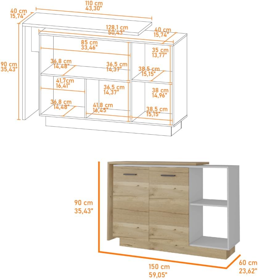 White and Light Oak 4-Door Kitchen Set with Island and Pantry Cabinet | Includes 4-door pantry cabinet with interior shelves and two-top kitchen island