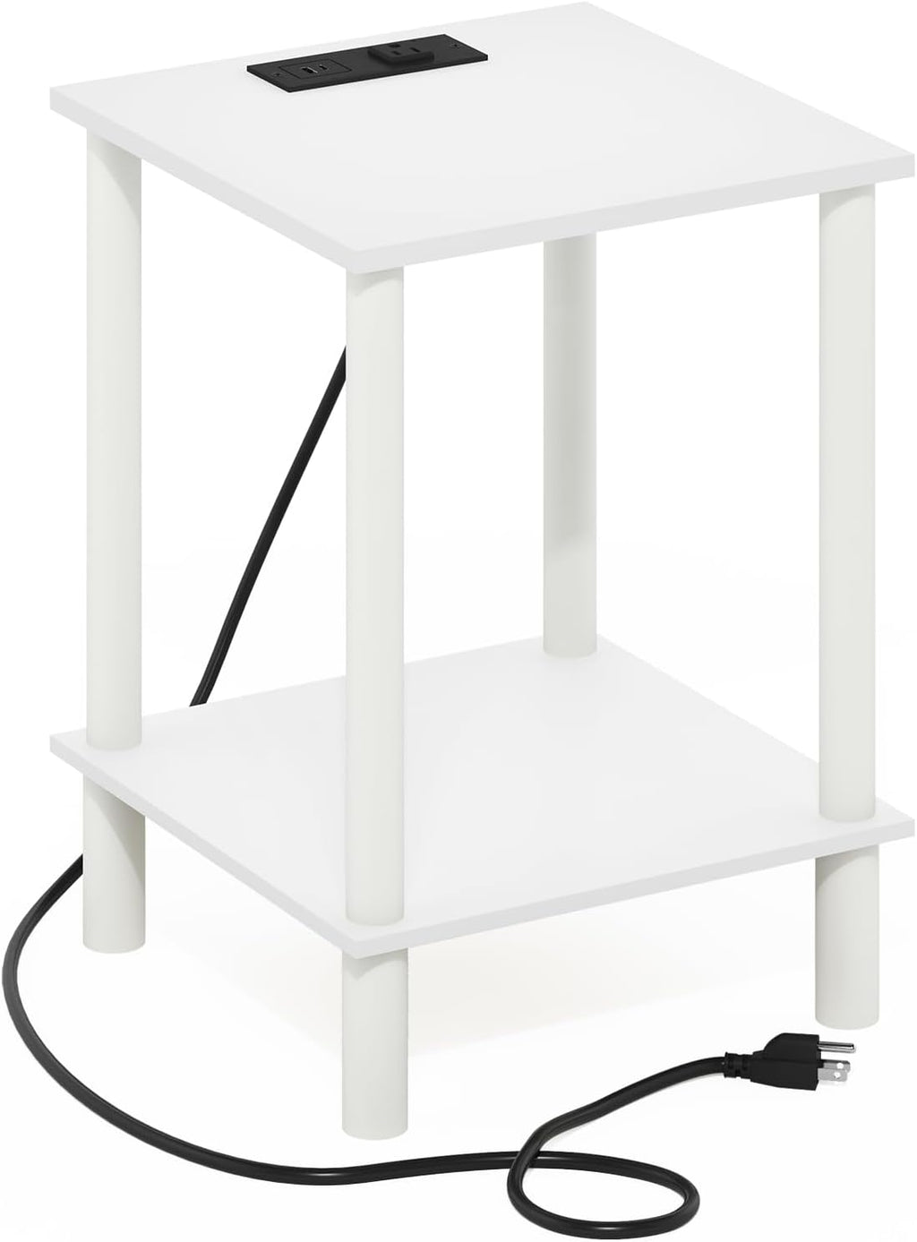 Furinno Turn-N-Tube Side Table, 2-Tier Square End Table with Charging Station, Night Stand, Bedside Table with USB and Type-C Port, for Living Room, Bedroom, White
