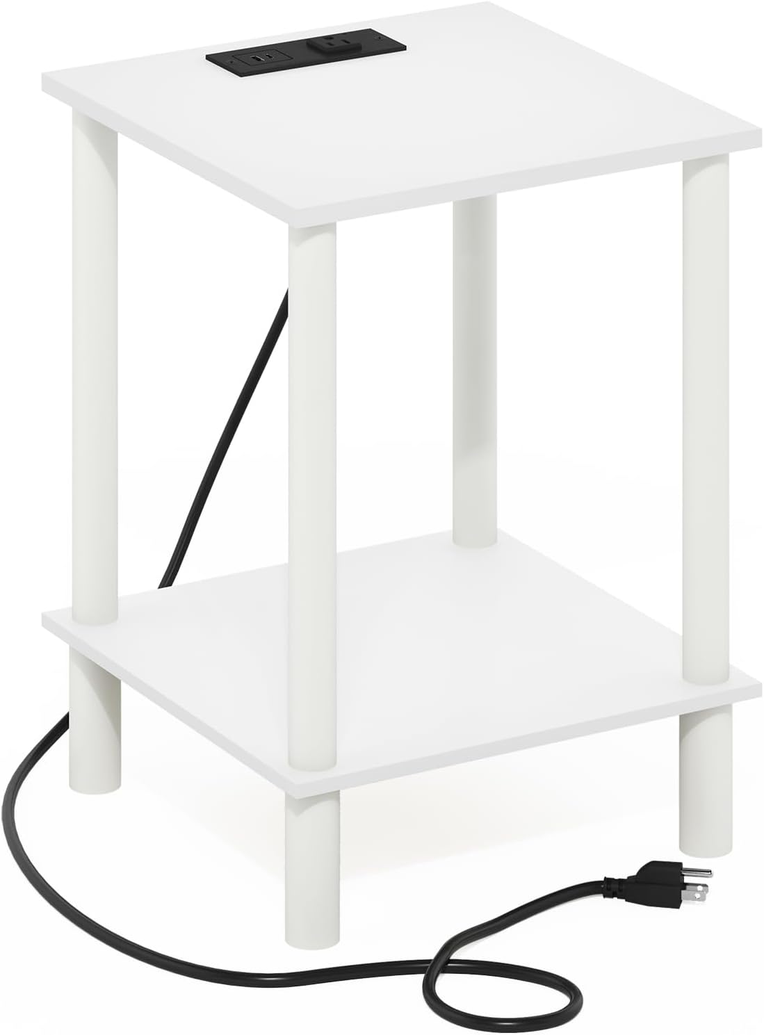 Furinno Turn-N-Tube Side Table, 2-Tier Square End Table with Charging Station, Night Stand, Bedside Table with USB and Type-C Port, for Living Room, Bedroom, White